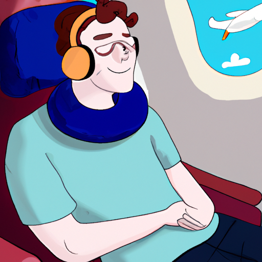 נוסע יושב בנוחות במטוס, עם ציוד חיוני לנסיעה כמו כרית צוואר ואוזניות