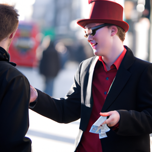 קוסם צעיר מבצע טריק קלפים ברחוב סואן